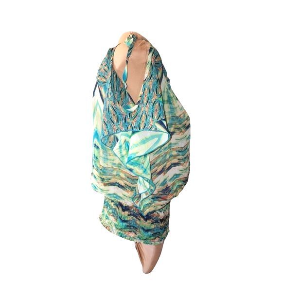 Wet Seal Sheer Green Abstract Print Tied Cold Shoulder Smock Waist Blouse Size M - Picture 4 of 8